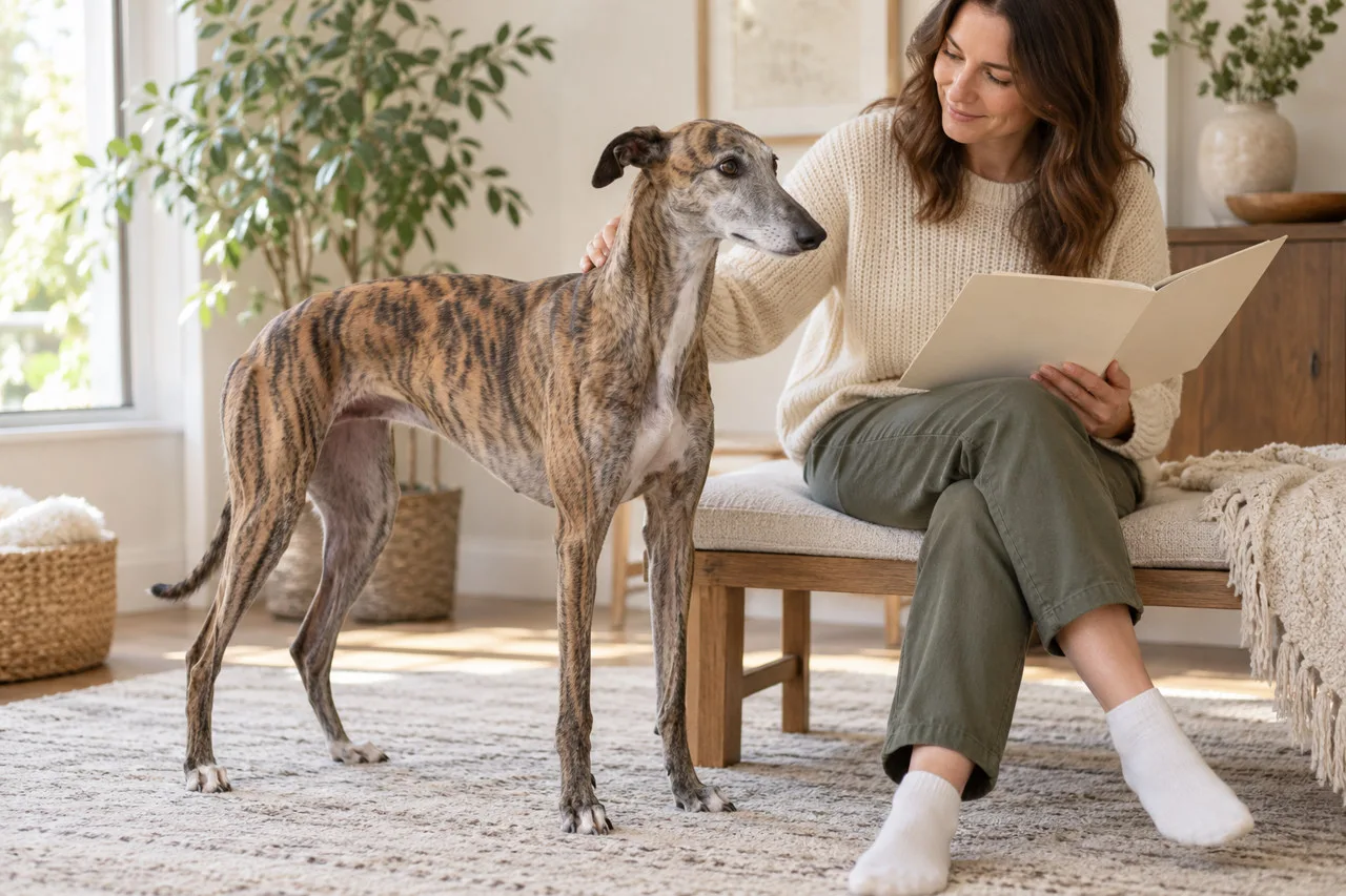 Owner holding a folder beside a tall brindle dog in a bright living room